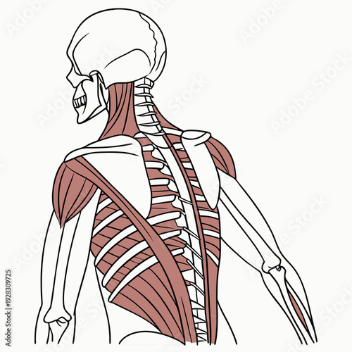 Human back anatomy with exposed muscles and skeleton