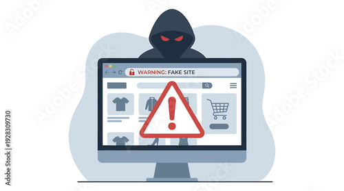Hacker in hoodie behind computer screen with fake site warning. Vector Illustrations. EPS Editable