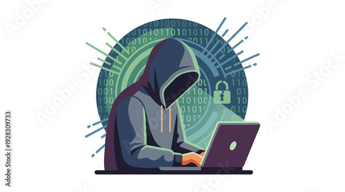 Hacker in Hoodie Using Laptop with Digital Background. Vector Illustrations. EPS Editable