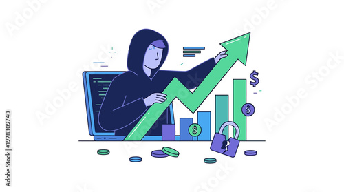 Hacker manipulating financial data and market trends. Vector Illustrations. EPS Editable