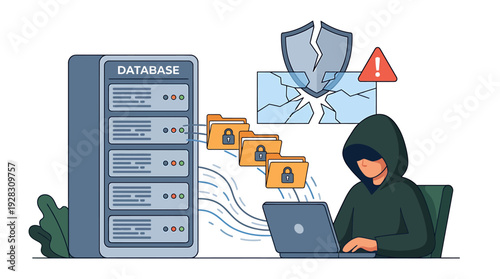 Hacker Stealing Data from Database Server with Broken Security Shield. Vector Illustrations. EPS Editable