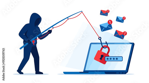 Hacker phishing for personal data and passwords from laptop illustration. Vector Illustrations. EPS Editable