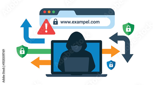 Hacker on laptop with secure browser and data flow arrows illustrating cybersecurity threats and protection. Vector Illustrations. EPS Editable