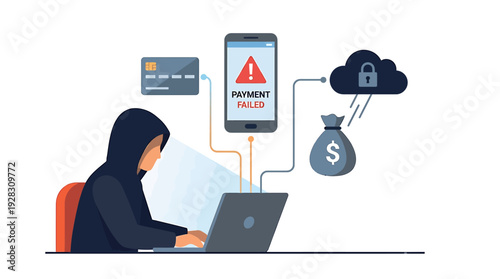 Hacker stealing money and personal data from a smartphone and laptop. Vector Illustrations. EPS Editable