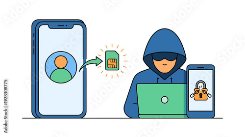 Hacker Stealing Personal Data Via SIM Card Swap Attack on Mobile Phones. Vector Illustrations. EPS Editable