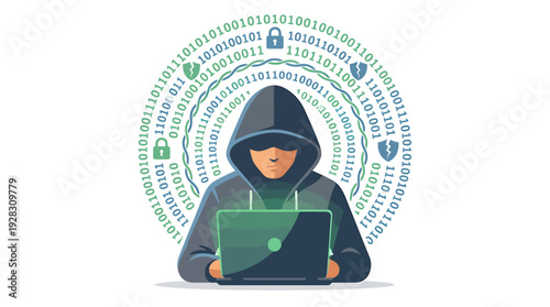 Hacker in Hoodie with Laptop and Binary Code Security Circle. Vector Illustrations. EPS Editable