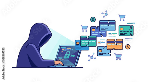 Hacker Stealing Credit Card Information Online. Vector Illustrations. EPS Editable