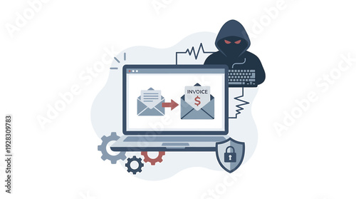 Hacker Stealing Data and Money from Email on Laptop. Vector Illustrations. EPS Editable