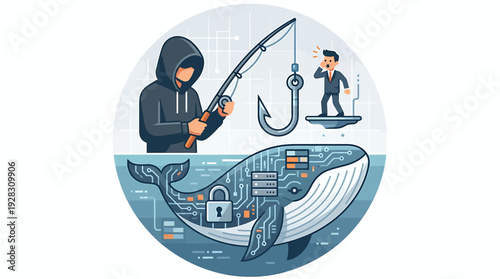 Whaling Phishing Attack Cyber Security Concept. Vector Illustrations. EPS Editable