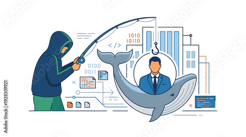 Whaling Phishing Attack Hacker Targeting Business Executive Data Security. Vector Illustrations. EPS Editable