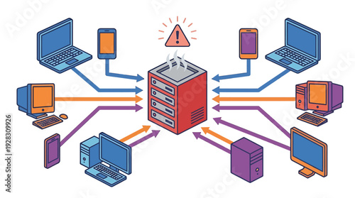 Central server experiencing network issues connected to various client devices. Vector Illustrations. EPS Editable