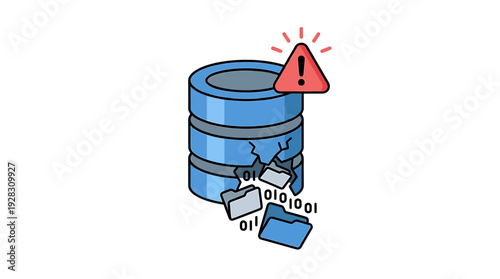Broken Database with Data Loss and Warning Sign. Vector Illustrations. EPS Editable