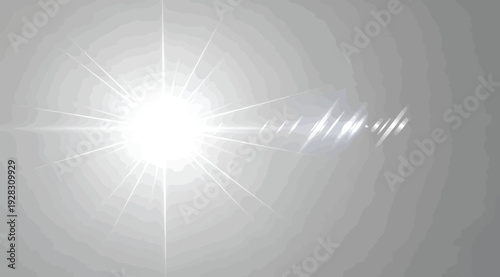 Bright light with lens flare effect on gray background, creating a radiant beam of light with streaks