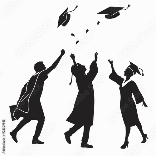 Black silhouettes of graduates throwing caps in air