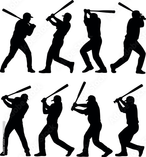 Collection of eight dynamic black silhouettes of baseball players in various batting poses against a white background