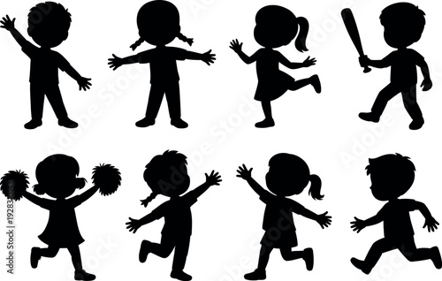 Collection of playful cartoon children silhouettes engaged in various activities like sports and dancing