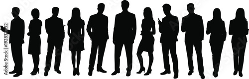 Silhouettes of diverse business professionals in dynamic poses, corporate teamwork concept illustration perfect for branding, HR resources, workplace diversity, and professional presentations.