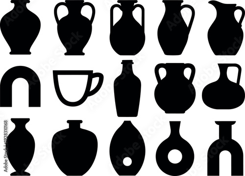 Collection of Silhouetted Ceramic Pottery Vessels and Archaic Forms Isolated on Transparent Background