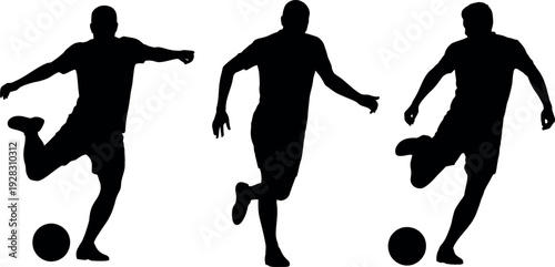 Three silhouetted football players captured in motion kicking a ball on a transparent background