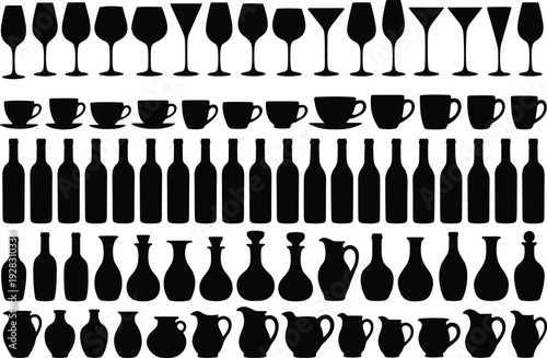 Black silhouette barware collection wine glasses coffee cups mugs bottles vases pitchers jugs decanters various shapes, minimalist vector set for beverage restaurant cafe menu design