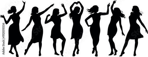 Diverse silhouettes of women dancing and celebrating in dynamic poses isolated on transparent background