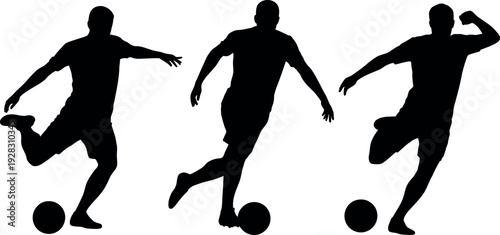 Three silhouetted male soccer players in dynamic action poses kicking and dribbling a soccer ball isolated on transparent background
