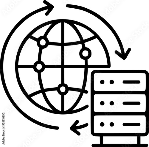 Global Data Sync Server Network Icon – Internet Hosting Technology Outline Vector EPS
