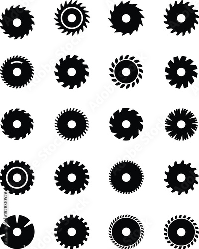 Black silhouette circular saw blades collection various tooth patterns rip cross cut blades, minimalist vector set for woodworking construction tool carpentry diy illustration