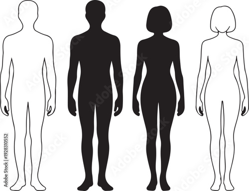 A group of human figures showing both male and female body outlines and full black silhouettes