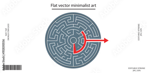 Maze labyrinth with red arrow showing solution path direction