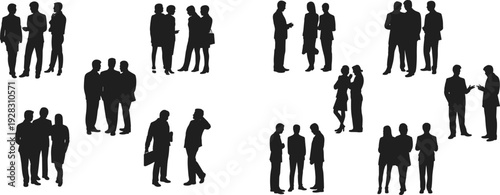 Silhouettes of multiple business groups standing and conversing, professional networking and workplace collaboration illustration for corporate design, teamwork, meetings, events
