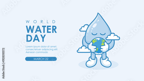 world water day with cute water drop character holding earth vector