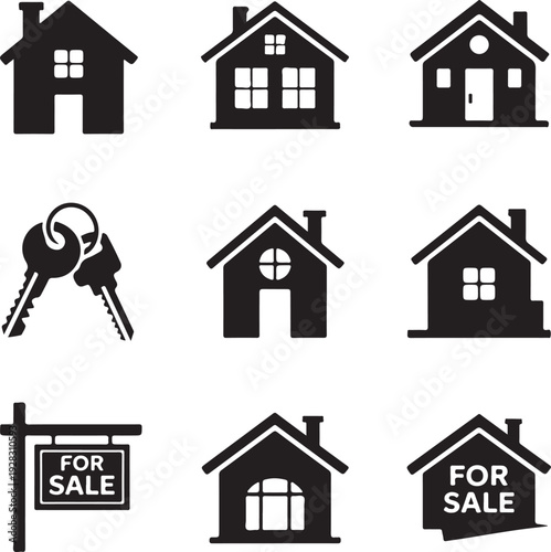 A set of black silhouette icons depicting various houses and real estate for sale signs