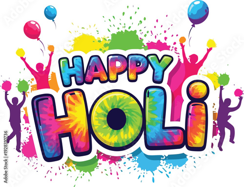 Vibrant celebration of Holi festival with colorful people throwing powder and balloons in joyful atmosphere from aerial view