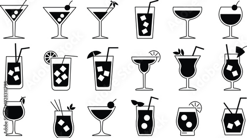 Various black and white of cocktails and drinks with different garnishes and glassware martini wine glass