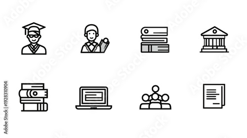 Black and white vector outline education icons set featuring graduate, books, university, laptop, and document symbols for academic learning.