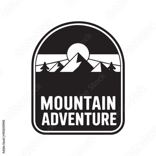 Bold black and white mountain adventure logo with peaks, trees, a sun, and text