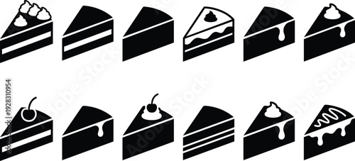 Collection of cake slices silhouettes with different toppings and cream, dessert icons set, cad drawing flat vector illustration, bakery symbols, black, isolated