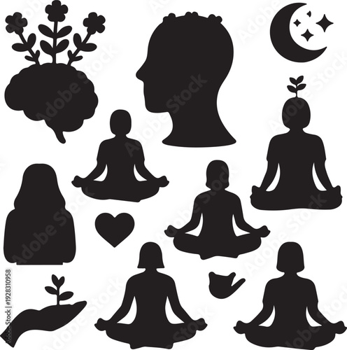 Collection of mental health and meditation related silhouettes on a clean white background
