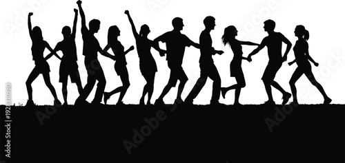 Black silhouette group of happy people running together, friends holding hands jumping celebrating victory, team spirit unity success joy vector illustration