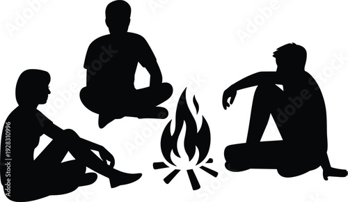 Black silhouette group of friends sitting around campfire, people relaxing talking outdoors at night, bonfire camping friendship adventure warmth vector illustration