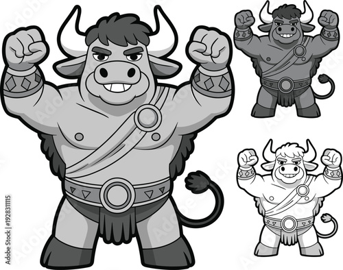 Strong muscular minotaur bull warrior character in cartoon style wearing ancient gladiator armor belt and bracers standing in a powerful victory pose with fists raised