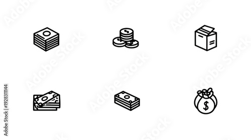 Money and Finance Outline Icons Set with Cash, Coins, Banknotes, and Payment Symbols for Business and Economy Graphics