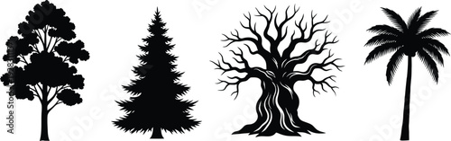 Four different tree silhouettes against a white background