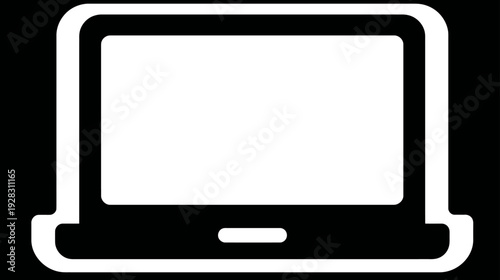 Simple white laptop computer icon, black background, digital technology device symbol for web and app design