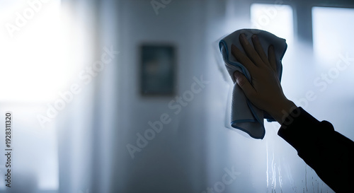 A person cleaning a window with a cloth