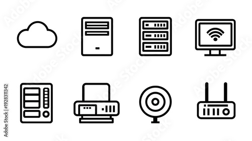 Modern Technology & Networking Line Icons Set: Cloud Computing, Desktop Computer, Server, Monitor, Printer, Webcam, Router. Digital Devices.