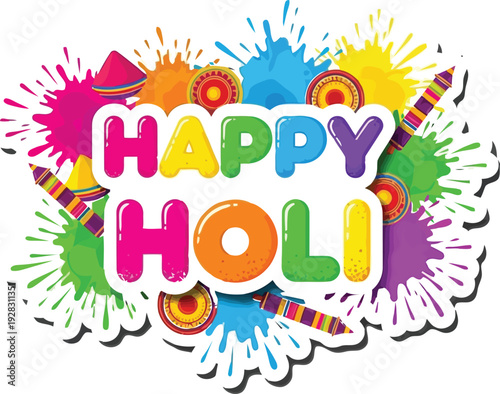 Celebrating Holi festival with colorful splashes and vibrant decorations in a joyful outdoor setting viewed from directly above