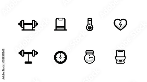 Collection of fitness and health line icons: dumbbell, barbell, thermometer, broken heart, clock, stopwatch, and weight scales. Simple vector set.