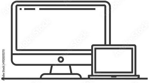 Modern computer devices line art illustration. Desktop PC monitor and laptop notebook outline icon set for technology concepts.